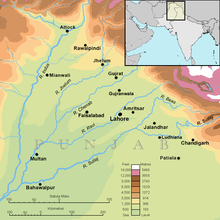 Topographical map of the Punjab, from which the designation "five-stream country" becomes clear