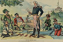 Cartoon in the August 23, 1899 Puck: "Uncle Sam" standing on a map of China being cut up by European heads of state, saying, "Gentleman, you can cut up this map as many times as you like, but remember that I, too, am here to stay."