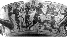 Teil einer griechischen Vase, die den zweiten Mann von links zeigt, der eine Erektion hat. Die Vase, die sich im Nationalen Etruskischen Museum in Rom, Italien, befindet, stammt aus der etruskischen Zivilisation (ca. 1200-100 v. Chr.).