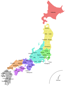 Kaart van de regio's en prefecturen van Japan  