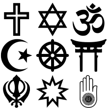 Symbols of some religions: Christianity, Judaism, Hinduism, Islam, Buddhism, Shintō, Sikhism, Bahaism, Jainism.