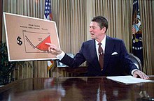 Reagan hält eine Fernsehansprache aus dem Oval Office über seinen Wirtschaftsplan, Reaganomics, Juli 1981