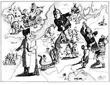 Caricature by Ferdinand Schröder on the defeat of the revolutions in Europe, published in the Düsseldorfer Monatshefte under the title "Rundgemälde von Europa im August 1849".