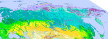 All vegetation zones at a glance: Ice sheets and glaciers Cold desert Lichen and moss tundra Dwarf shrub and meadow tundra Mountain tundra, alpine mats and heaths Hardwood forest tundra and boreal floodplains Coniferous forest tundra Evergreen boreal coniferous forest Deciduous boreal coniferous forest Mixed forest steppes Mixed deciduous and coniferous forests Temperate deciduous and floodplain forests Grass steppes and salt marshes Shrub and dry steppes Winter cold semi-deserts Winter cold deserts Marshes and floodplain aquatic plants
