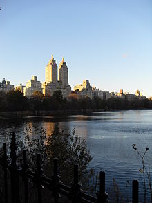 The reservoir lake with a view of the twin towers San Remo