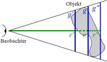 Differences in the calculated expansions g, g′ and g″ of an irregular object depending on the given distances r, r′ and r″.