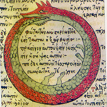 Ouroboros, die Schlange, die ihren eigenen Schwanz frisst, ist ein Symbol für Erneuerung und ewige Existenz. Dies ist eine Zeichnung von Theodoros Pelecanos in einer Kopie eines verlorenen alchemistischen Traktats aus dem Jahr 1478.