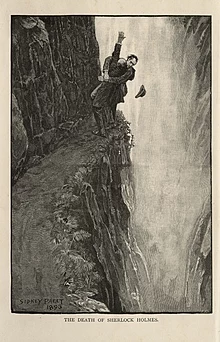 Holmes y Moriarty luchando en las cataratas de Reichenbach. Ilustración de 1893 de Sidney Paget
