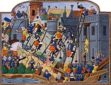 Die Belagerung von Konstantinopel wird in einem Manuskript aus dem 15. Jahrhundert dargestellt (Chronique de Charles VII)