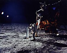 Aldrin aligning the Bern solar wind sail (Photo: Apollo 11, NASA image AS11-40-5872)