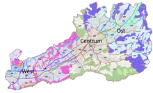 Map of the city of St. Gallen with statistical quarters and coloured city districts.
