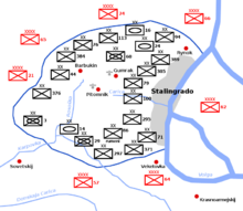 Sketch of the units involved: red = armies of the Don Front, black = divisions of the 6th Army.
