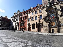 The deserted square in front of the Prague City Hall Clock in March 2020