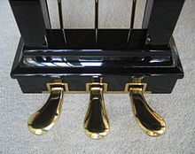Los tres pedales de un piano. De izquierda a derecha, son los pedales de suavidad, sostenuto y sustain (apagador).  