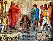 Sven Gabelbart burying his father Harald, 19th century depiction; in the middle an expiatory boar, not mentioned in the report on Gabelbart, but in the Helgakviða Hjörvarðssonar.
