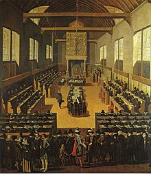 Synod w Dortmundzie. Arminianie siedzą przy stole pośrodku.