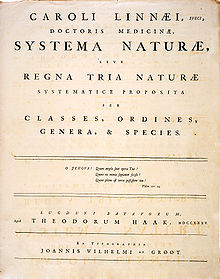 The title page of the 1st edition of Systema Naturae, in which Linné first presented his system for classifying the three kingdoms of nature in 1735.