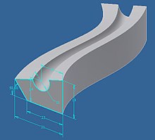 Example of a volume generation over a planar, parametric 2D drawing along an arbitrary curve ("sweep")