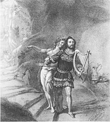 Prima dell'opera di Richard Wagner, Tannhäuser il 19 ottobre 1845, con Joseph Tichatschek come Tannhäuser e Wilhelmine Schröder-Devrient come Venere. Disegno di F. Tischbein (1845).