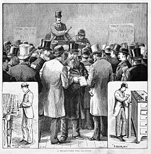 Melburne'i teeoksjon, trükis aastast 1885. Samuti on kujutatud tee kaalumist ja maitsmist.