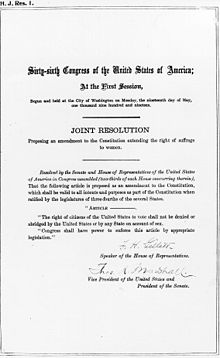 The 19th Amendment to the Constitution of the United States of America (Woman Suffrage) of 1920.