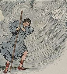 Šajā Milo Vintera ilustrācijā par Ezopa pasaku "Ziemeļu vējš un saule" personificēts ziemeļu vējš cenšas noņemt apmetni no ceļotāja.