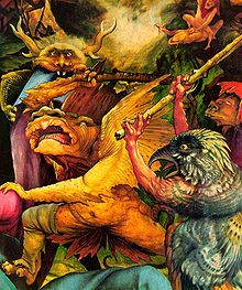 Die Versuchung des Heiligen Antonius, Detail, Mathias Grünewald, 1515. Dieses Gemälde könnte durch die Beschreibung von Halluzinationen beeinflusst worden sein.