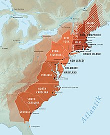 The thirteen founding states (areas added later colored lighter).