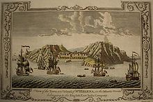 Udsigt over byen og øen Sankt Helena i Atlanterhavet, der tilhører det engelske Ostindiske Kompagni, stik, ca. 1790.