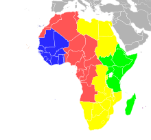 Fusos horários da África. Hora da África Central (UTC+2) destacada em amarelo.