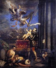 Philip II hands over his son Ferdinand to heaven as thanks for the victory at Lepanto (Painting by Titian, 1573/75)