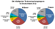 Cancer (shown in red) is the second most common cause of death among men and women in Germany (2012).