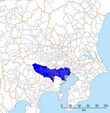 Map of Tokyo Prefecture with the 23 districts and Tama region, excluding Pacific Islands.