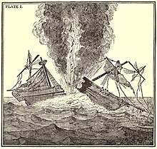 Contemporary artistic depiction of a torpedo attempt in 1805, the brig Dorothea sank within twenty seconds (Robert Fulton)