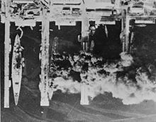 Burning French warships "Strasbourg", "Colbert", "Algérie" and "Marseillaise" in the port of Toulon, 23 November 1942