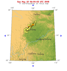 Un mapa del USGS que muestra decenas de réplicas.  
