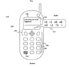 電話メールのテキストメッセージを顔文字で構成するためのドロップダウンメニューの特許(米国特許6987991)。