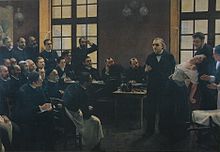 En klinisk lektion i Salpêtrière: Charcot demonstrerer virkningerne af hysteri med sin patient Blanche Wittman. Maleri af André Brouillet, 1887.