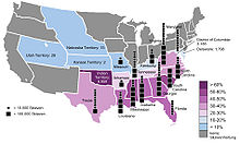 Percentage of slaves in the total population in each American state and territory in 1860.