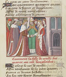 Ægteskabet mellem Henrik 6. og Margareta af Anjou er afbildet i denne miniature fra et illustreret manuskript af Vigilles de Charles VII af Martial d'Auvergne  
