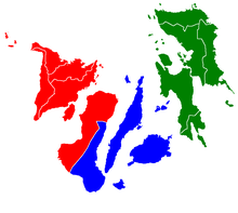 Eine Karte der Visayas.      Zentrale Visayas Östliche Visayas Westliche Visayas Die wichtigsten Inseln, von Westen nach Osten, sind Panay, Negros, Cebu, Bohol, Leyte und Samar.