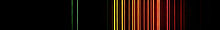 Spectrul vizibil al neonului. Fiecare linie reprezintă o pereche diferită de niveluri energetice.  