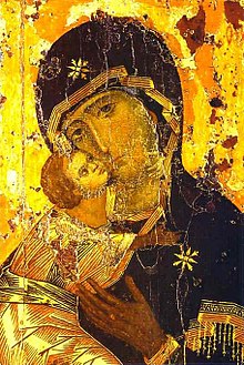 Mother of God of Vladimir. The Mother of God Eleusa icon is a work of imperial workshops from the time of the Comnenes, Constantinople around 1100.