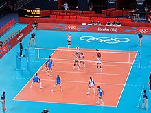 Four linesmen stand at the corners of the field of play