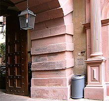 Flood marks at the entrance to the Grafeneckart, the town hall of Würzburg