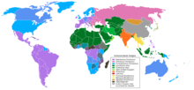 Countries where Christianity is the predominant religion are marked purple (Catholic), blue (Protestant) or reddish (Orthodox).