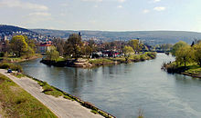 Confluence of Werra and Fulda in Hann. Münden; in the background the Kaufunger Forest