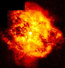 Opname van de Hubble-ruimtetelescoop van nevel M1-67 rond Wolf-Rayet ster WR 124.