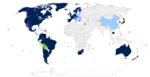 Mapa que muestra la situación de las leyes sobre uniones del mismo sexo en el mundo.      Matrimonios del mismo sexo Licencias de matrimonio internacionales reconocidas Uniones del mismo sexo Reconocimiento mínimo No hay uniones del mismo sexo  