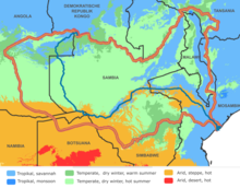 The catchment area of the Zambezi according to Köppen-Geiger climate classification.